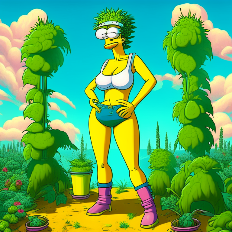 Generate a one of a kind Simpsons artwork of a voluptuous female farmer wearing skimpy outfit growing cannabis plants in a futuristic world sometime in the year 3025. 