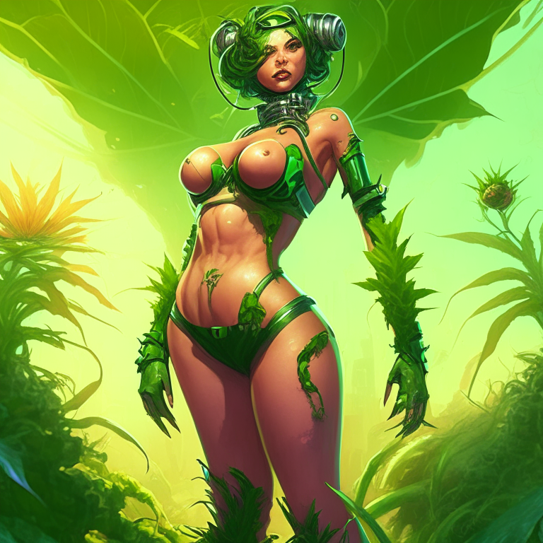 Generate a one of a kind Spawn artwork of a voluptuous female farmer wearing skimpy outfit growing cannabis plants in a futuristic world sometime in the year 3025. 