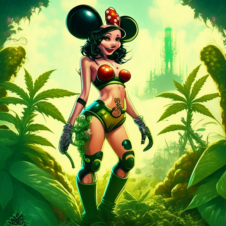 Generate a one of a kind Mickey Mouse artwork of a voluptuous female farmer wearing skimpy outfit growing cannabis plants in a futuristic world sometime in the year 3025. 