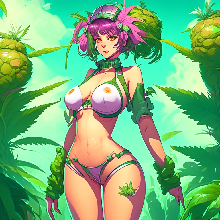 Generate a one of a kind anime artwork of a voluptuous female farmer wearing skimpy outfit growing cannabis plants in a futuristic world sometime in the year 3025. 