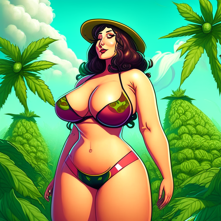 Generate a one of a kind Family Guy artwork of a voluptuous female farmer wearing skimpy outfit growing cannabis plants in a futuristic world sometime in the year 3025. 