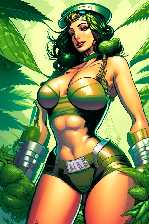 Generate a one of a kind Marvel Comics artwork of a voluptuous female farmer wearing skimpy outfit growing cannabis plants in a futuristic world sometime in the year 3025. 