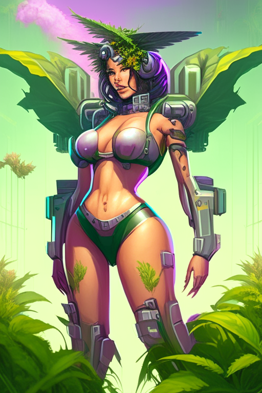 Generate a one of a kind Transformers artwork of a voluptuous female farmer wearing skimpy outfit growing cannabis plants in a futuristic world sometime in the year 3025. 