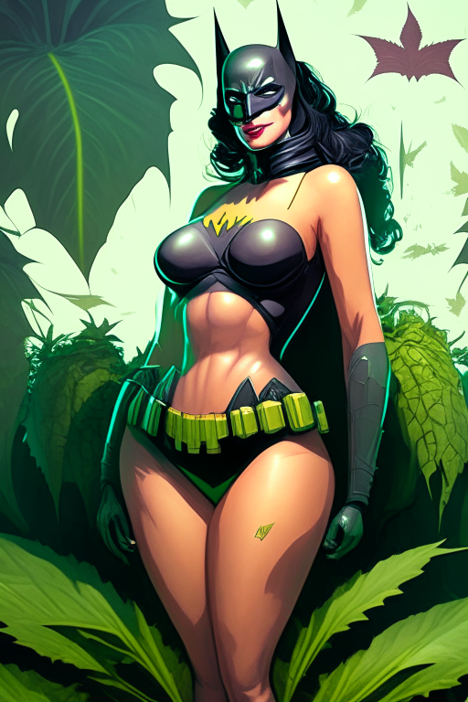 Generate a one of a kind Batman artwork of a voluptuous female farmer wearing skimpy outfit growing cannabis plants in a futuristic world sometime in the year 3025. 