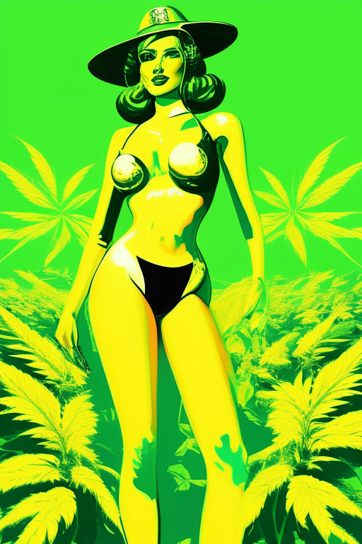 Generate a one of a kind Andy Warhol artwork of a voluptuous female farmer wearing skimpy outfit growing cannabis plants in a futuristic world sometime in the year 3025. 