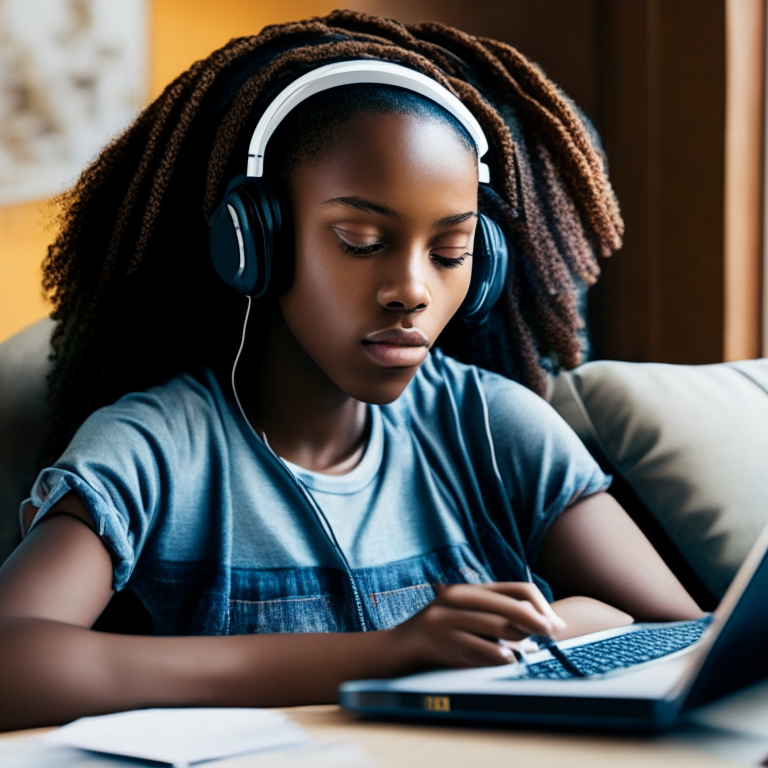 Black teenage girl listening to headphones while studying