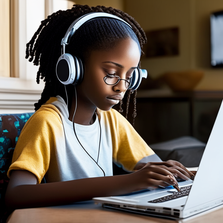 Black teenage girl with headphones on studying and working on a laptop
