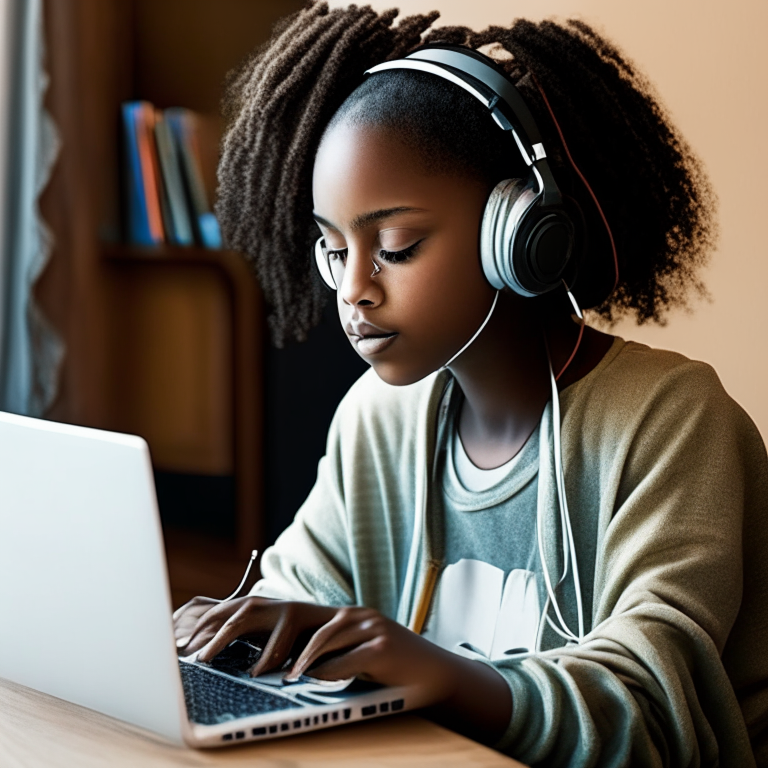 Black teenage girl wearing headphones working on laptop