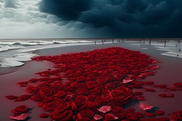 un gran ramo de rosas rojas en la playa con cielo tormentoso