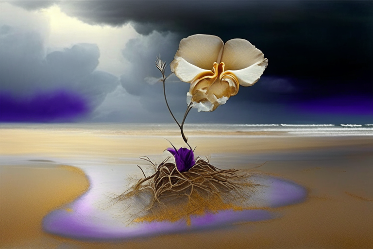 una orquídea con raíces en una playa de arena dorada con cielo de tormenta
