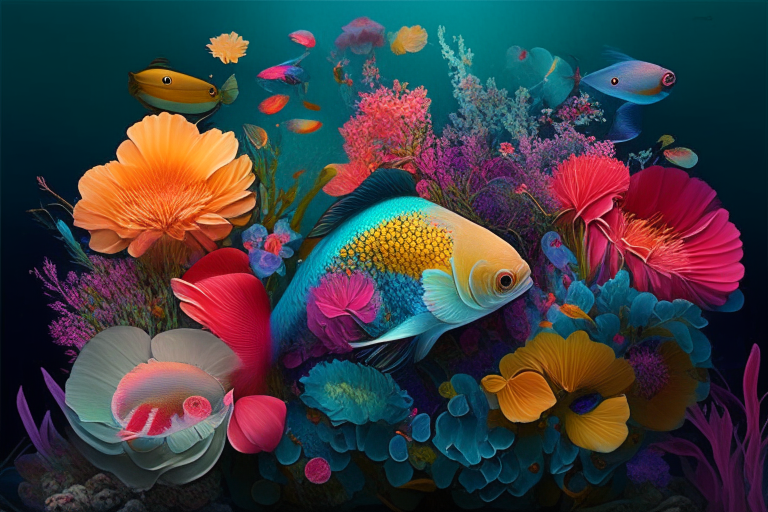 una pecera con peces de colores y flores