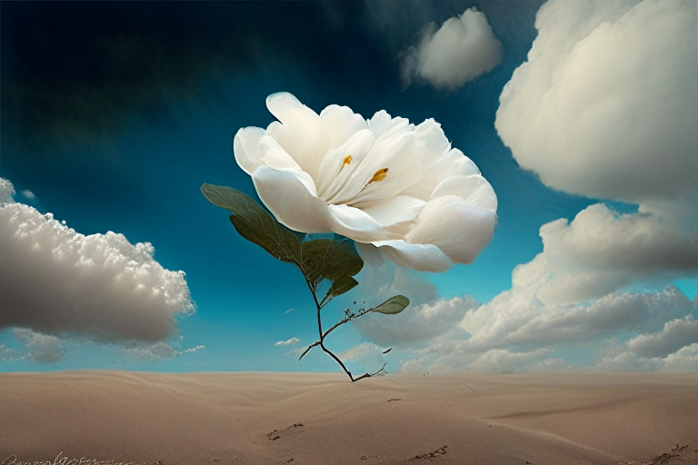 un olivo en flor en la arena con cielo con nubes y relámpagos