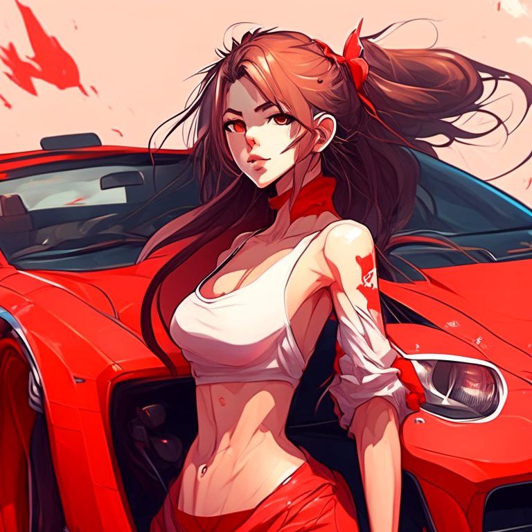 Beautiful anime  woman strong  with a red car