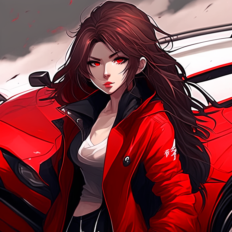 Beautiful anime  woman strong  with a red car and wear black jacket 