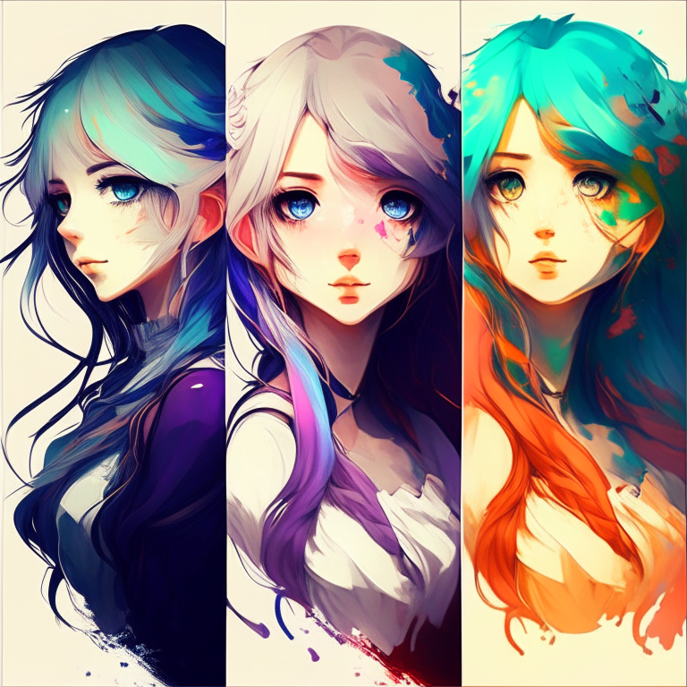 Beautiful anime  woman  with different colours 