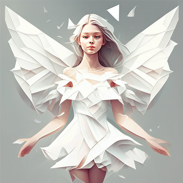 Beautiful illustration angel girl wearing origami white dress romantic realistic 