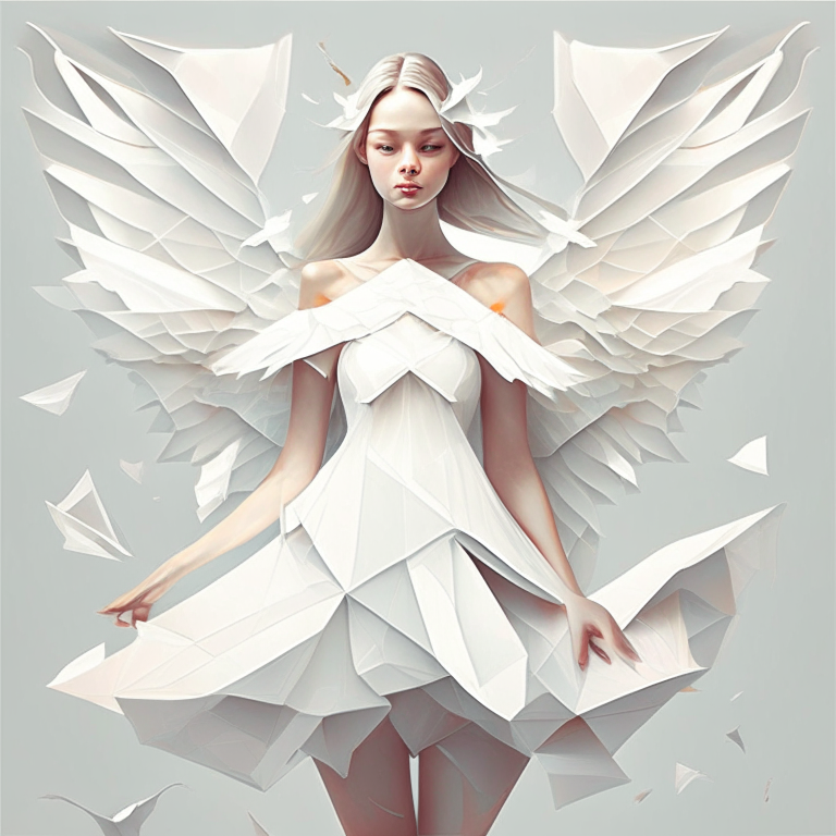 Beautiful illustration angel girl wearing origami white dress romantic realistic enhance 