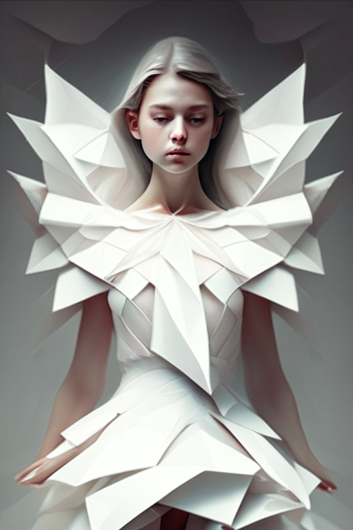 an angel girl wearing an origami white dress, in a romantic style