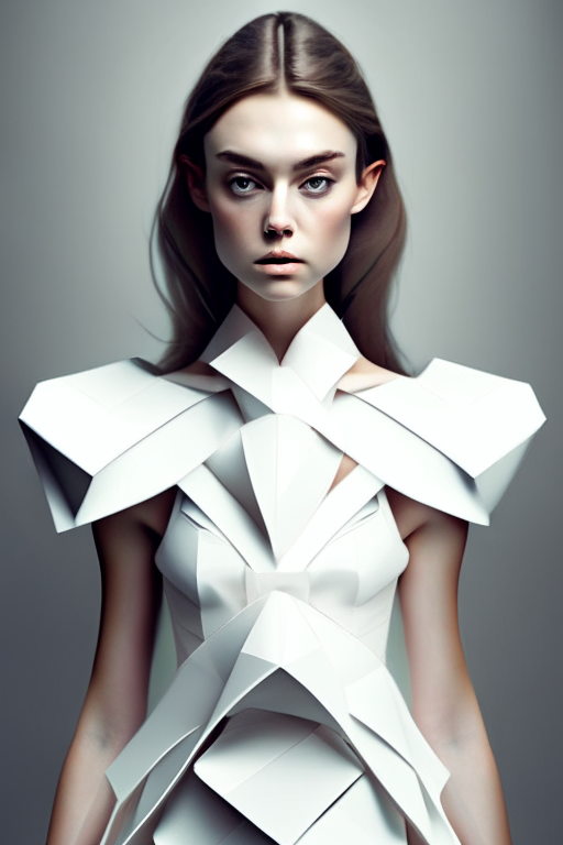 a beautiful realistic fashion model girl wearing an origami white dress