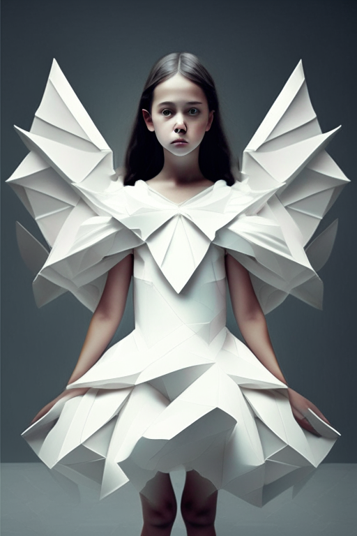 an angel girl wearing an origami white dress