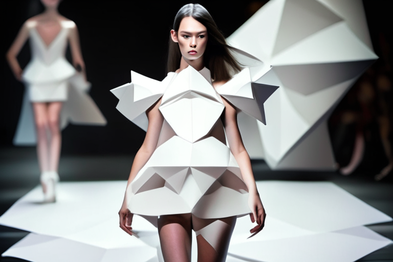 a fashion model girl wearing an origami white dress on stage