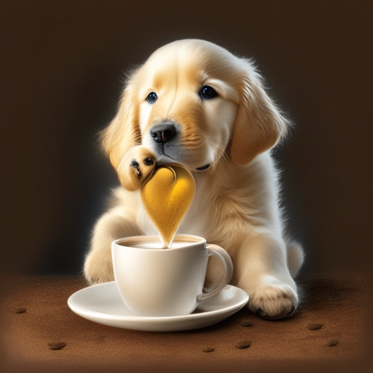 a Golden Retriever puppy drinking a latte with heart-shaped art