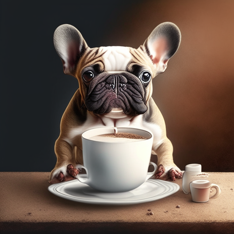 a French Bulldog puppy drinking a latte with heart-shaped art