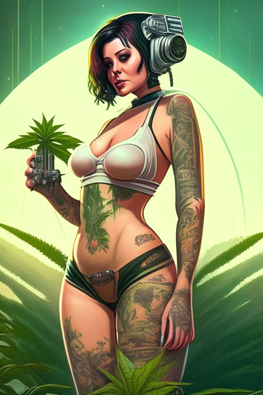 Generate a one of a kind star wars artwork of a voluptuous full bodied tattoo female farmer wearing skimpy outfit growing cannabis plants in a futuristic world sometime in the year 3025.