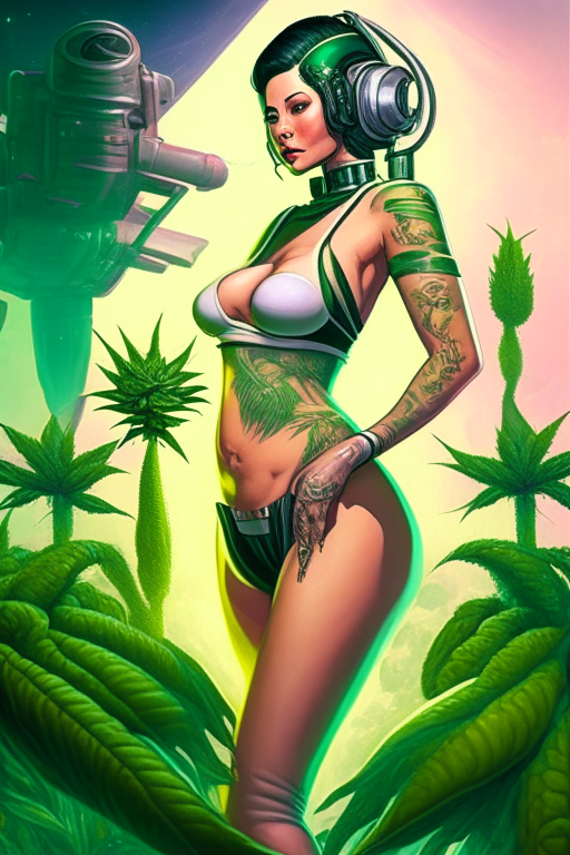 Generate a one of a kind Star Trek artwork of a voluptuous full bodied tattoo female farmer wearing skimpy outfit growing cannabis plants in a futuristic world sometime in the year 3025.