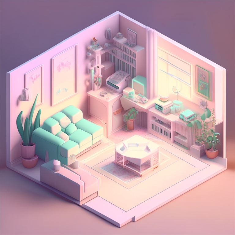 an isometric living room with pastel colors, soft lighting, and high detail