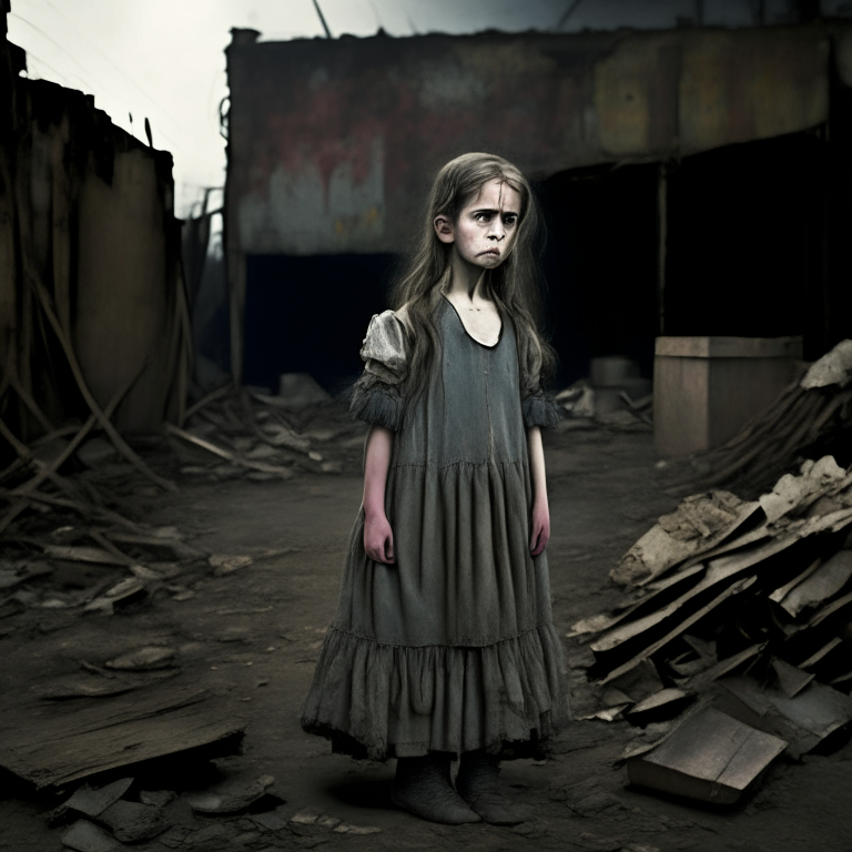 A child like Aurore Gagnon about 11 years old, sad face, tears, standing next to the old warehouse, wearing an old and dirty dress