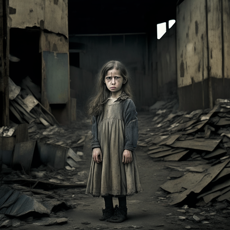 A child like Aurore Gagnon about 11 years old, tears, standing next to the old warehouse, wearing an old and dirty dress