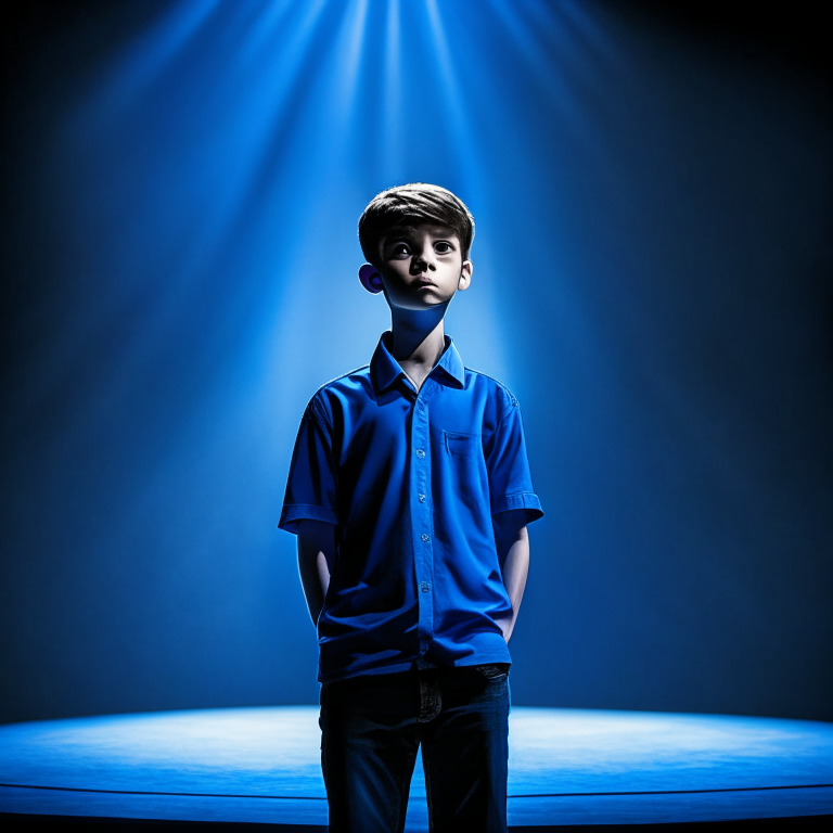 A smart boy wearing blue shirt stand on the stage