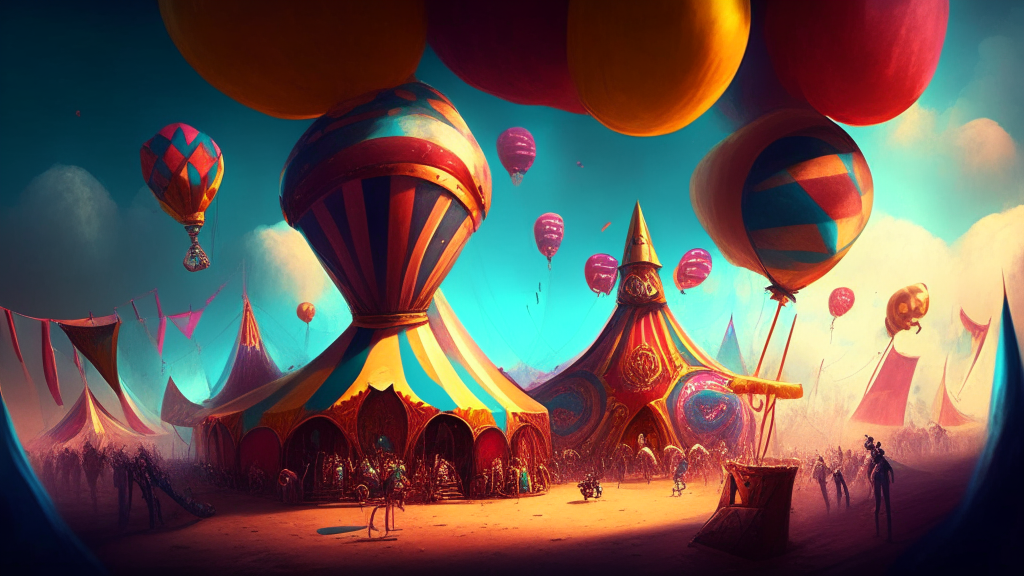 a carnival with balloons, circus tents, big tops, nether portals, and a strong man hammer game