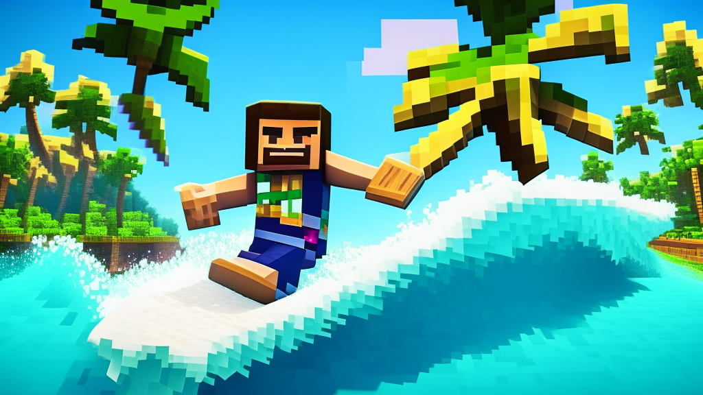 a Minecraft character surfing in an ocean with a tropical background, palm trees, and a luau, then surfing into a nether portal