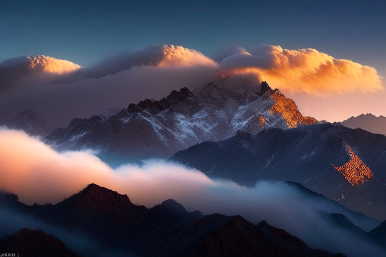 Un amanecer entre montañas nevadas con nubes de tormenta
