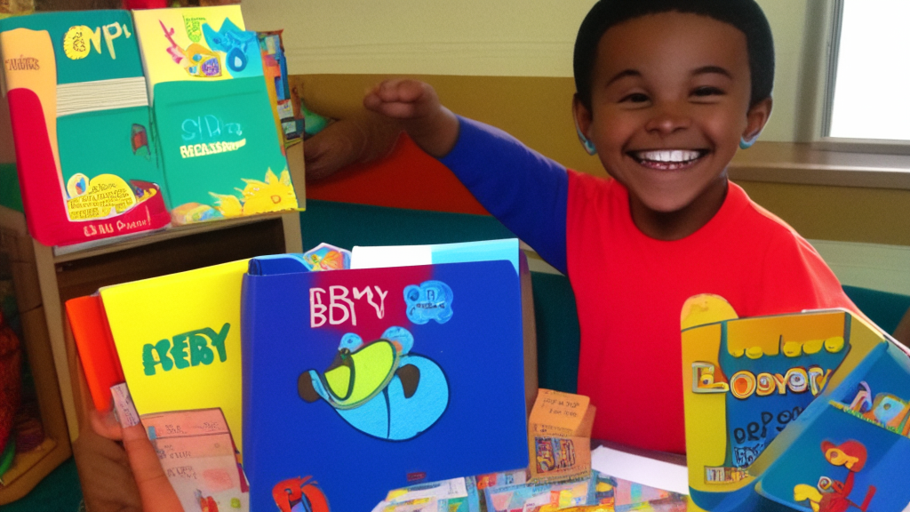 Benny shows off the colorful workbooks and books they're bringing along