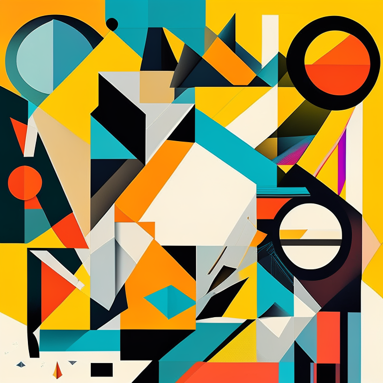 a digital composition using geometric shapes like squares, rectangles, triangles and circles to create an organized and aesthetic arrangement that conveys a sense of triumph, joy and hope for the future. The shapes overlap each other to create a sense of depth and dynamics, and are vibrant and contrasting in color to draw the viewer's eye around the composition. The image is in 4K resolution with sharp details, and does not depict any recognizable elements such as people or text.