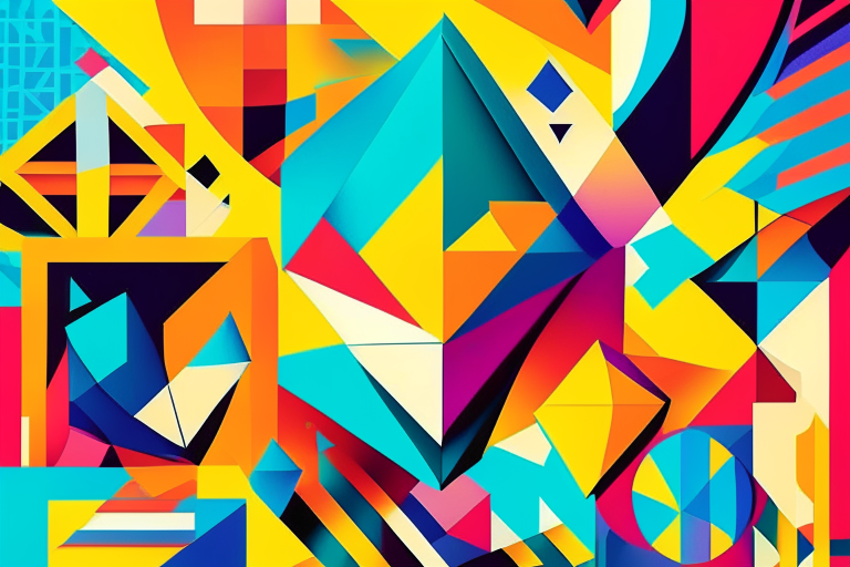 a digital composition of geometric shapes in bright colors and patterns, conveying a sense of triumph, joy, and hope for the future, representing a high school student being admitted to their dream university