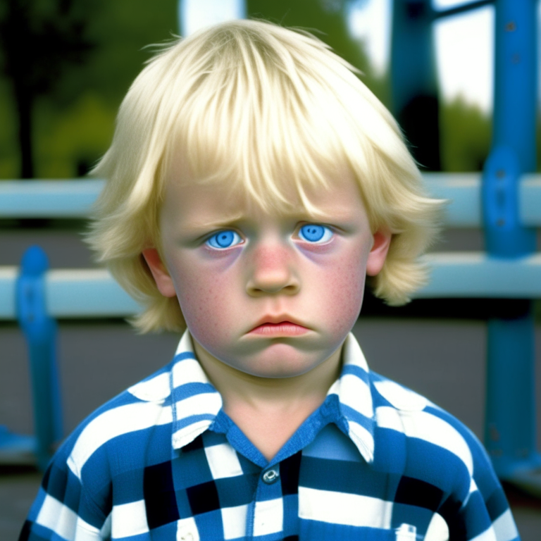 a 4-year-old boy, like Michael Dunahee from Canada, wearing a blue and white plaid t-shirt. Dumb eyes, sad face, blond hair, in the playground at school