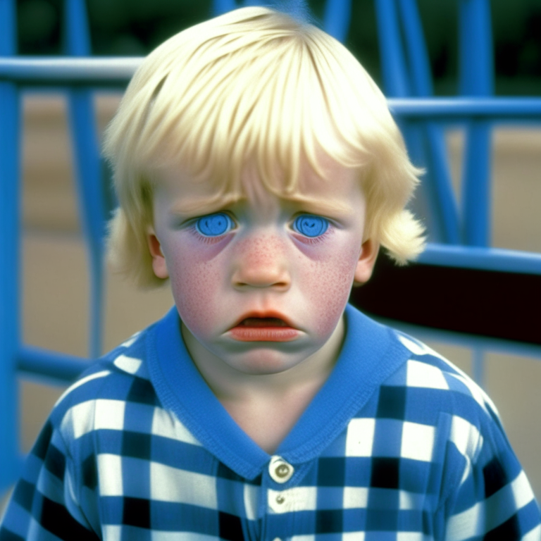 a 4-year-old boy, like Michael Dunahee from Canada, wearing a blue and white plaid t-shirt. Dumb eyes, sad face, blond hair, in the playground at school, crying