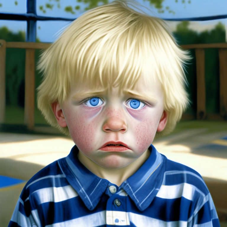 a 4-year-old boy, like Michael Dunahee from Canada, wearing a blue and white plaid t-shirt. Dumb eyes, sad face, blond hair, in the playground at school, crying, brown eyes