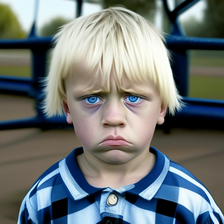 a 4-year-old boy, with black eyes, wearing a blue and white plaid t-shirt, sad face, blond hair, is at the school playground