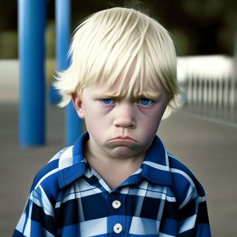 a 4-year-old boy, with black eyes, wearing a blue and white plaid t-shirt, sad face, blond hair, is at the school playground