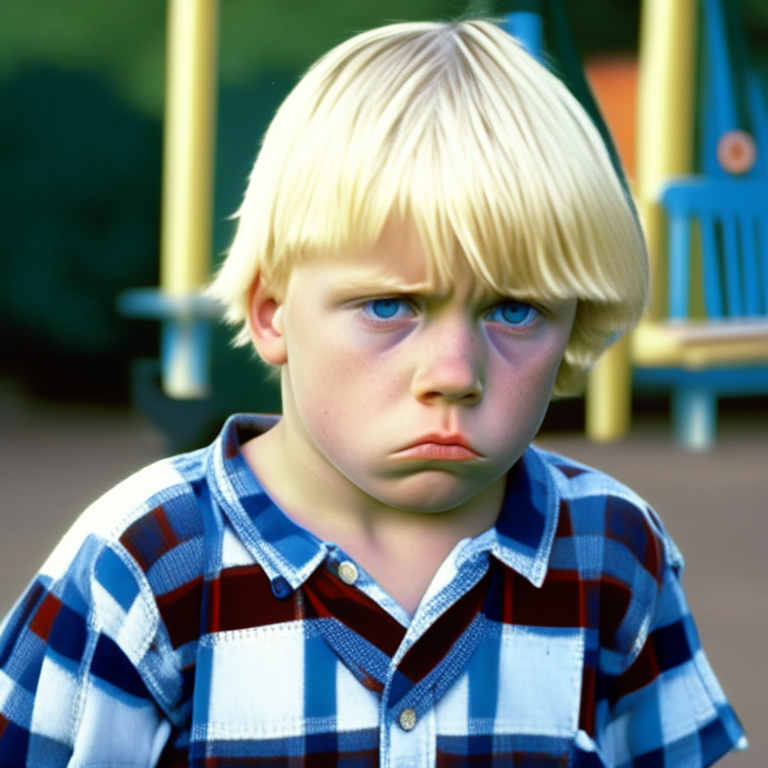 a 4-year-old boy, like Michael Dunahee from canada, wearing a blue and white plaid t-shirt, sad face, blond hair, at school playground