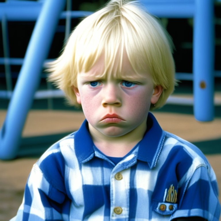 a 4-year-old boy, like Michael Dunahee from canada, wearing a blue and white plaid t-shirt, sad face, blond hair, at school playground