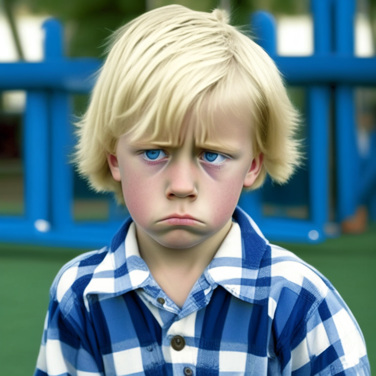 a 4-year-old boy, wearing a blue and white plaid t-shirt, sad face, blond hair, at school playground