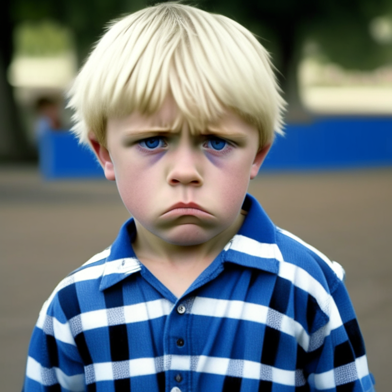 a 4-year-old boy,Short Hair, wearing a blue and white plaid t-shirt, sad face, blond hair, at school playground