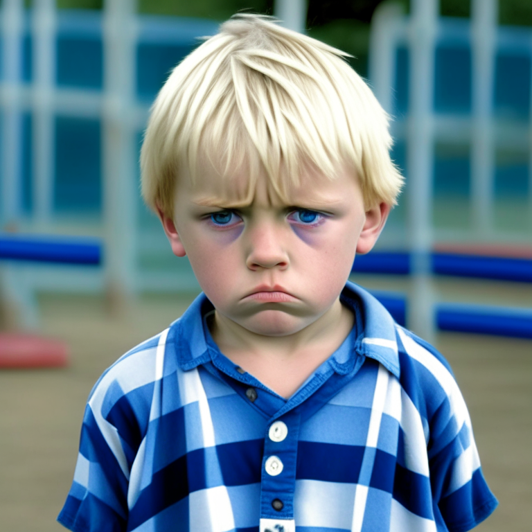 a 4-year-old boy,Short Hair, wearing a blue and white plaid t-shirt, sad face, blond hair, at school playground