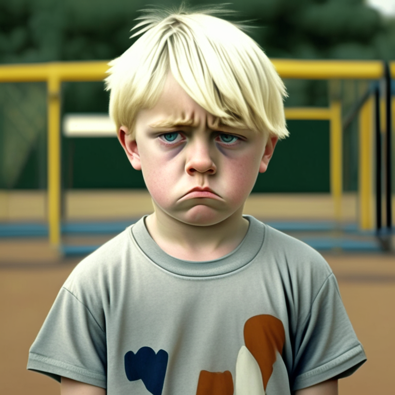 a 4-year-old boy,Short Hair, t-shirt, sad face, blond hair, at school playground